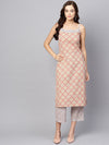Anayna Women Beige & Pink Printed Kurta with Trousers