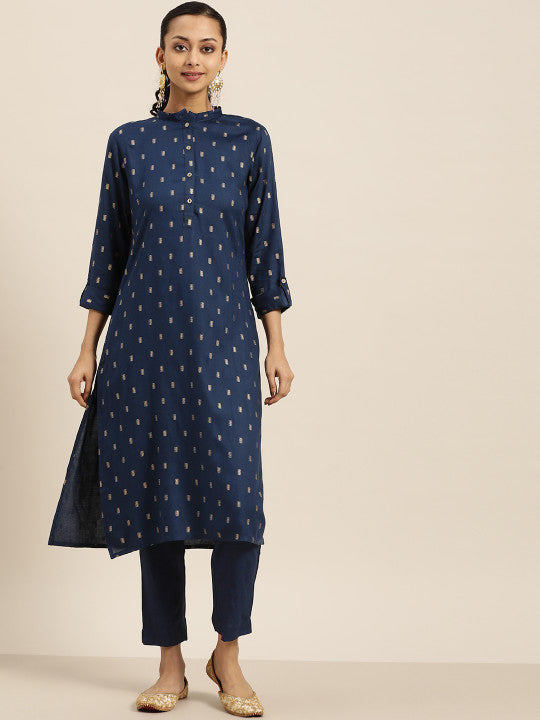 Sangria Women Navy Blue & Golden Printed Kurta with Trousers