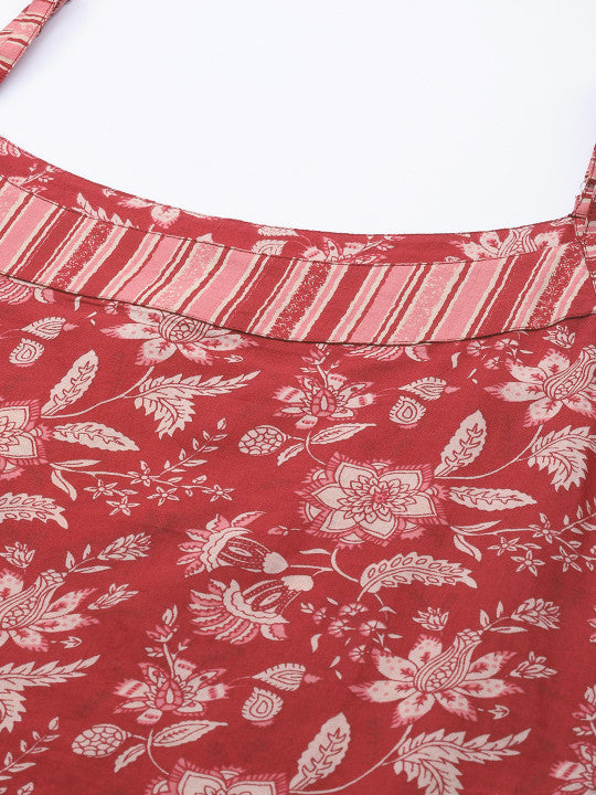 Women Red & Off-White Ethnic Motifs Printed Pure Cotton Kurta with Trousers