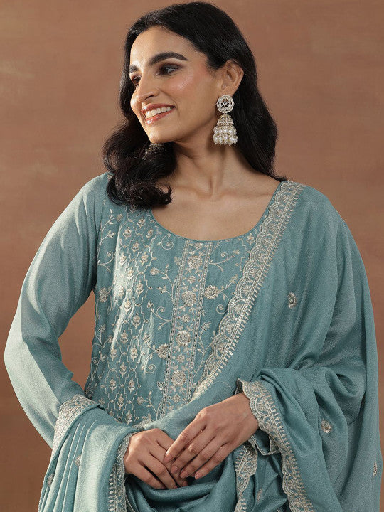 Libas Blue Floral Embroidered Scoop Neck Sequinned Straight Kurta With Trousers & Dupatta