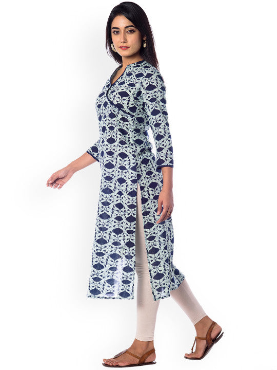 Women Navy Blue & Off-White Printed Straight Kurta