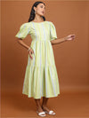 Vishudh Lime Green Striped Puff Sleeves Cotton Fit and Flare Midi Dress