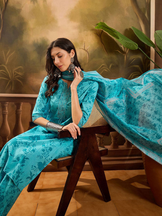 Sangria Women Floral Printed Cotton Kurta with Trousers & Dupatta