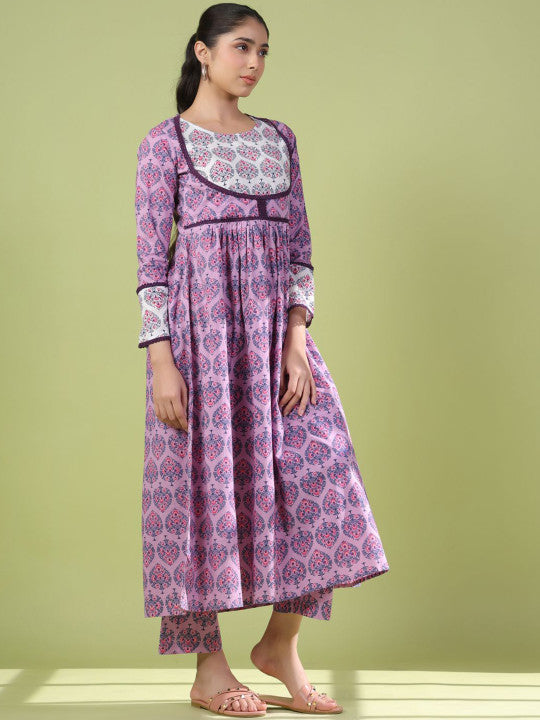 Women Floral Printed Angrakha Pure Cotton Kurta with Trousers