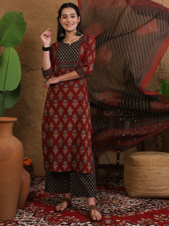 Sangria Printed Pure Cotton Round Neck Straight Kurta & Palazzo With Dupatta
