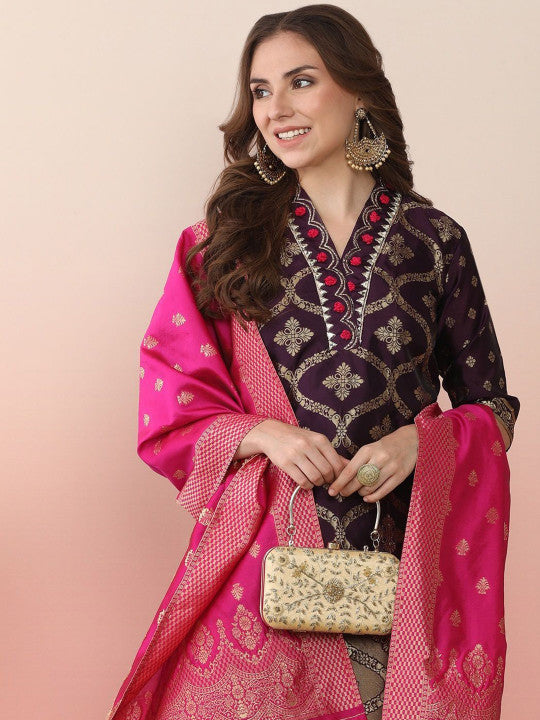 Sangria Woven Design Embroidered Banarasi Straight Kurta With Salwar & Dupatta