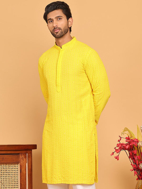 Yellow Geometric Embroidered Mandarin Collar Sequinned Straight Kurta