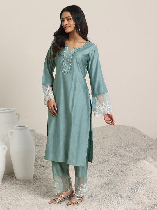 Libas Women Ethnic Motifs Yoke Design Regular Beads and Stones Kurta with Trousers & With Dupatta