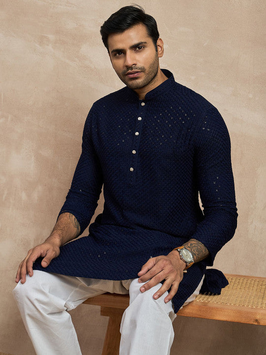 Anouk Navy Blue Geometric Embroidered Mandarin Collar Sequins Straight Kurta