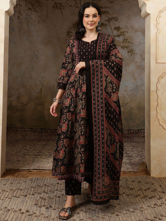 Sangria Black Floral Printed Pure Cotton Anarkali Kurta With Trousers & Dupatta