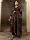 Sangria Black Floral Printed Pure Cotton Anarkali Kurta With Trousers & Dupatta