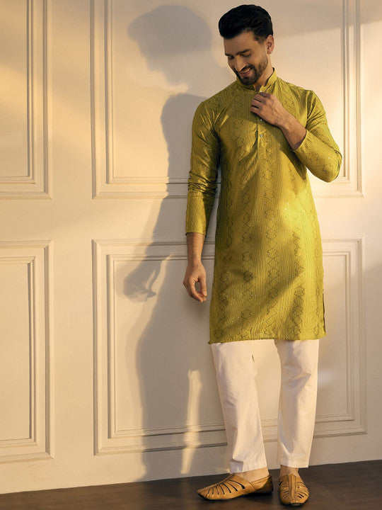 Mustard Geometric Embroidered Mandarin Collar Pure Cotton Straight Kurta