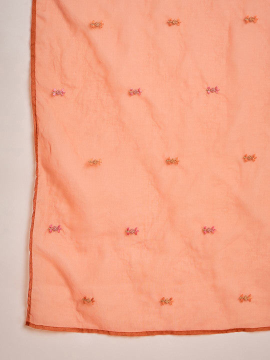 Sangria Floral Yoke Design V-Neck Sequinned Chinon A-Line Kurta With Trousers & Dupatta