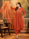 Sangria Floral Yoke Design V-Neck Sequinned Chinon A-Line Kurta With Trousers & Dupatta