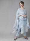ISHIN Women's Blue Gota Patti Embroidered A-Line Kurta Trouser Dupatta (Set of 3)