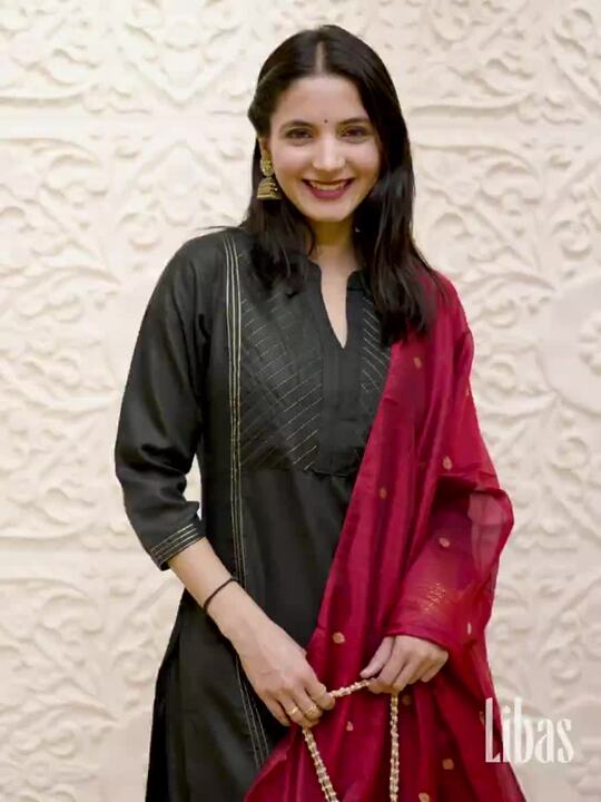 Libas Women Black Pure Cotton Yoke Design Panelled Kurta with Palazzos & Dupatta