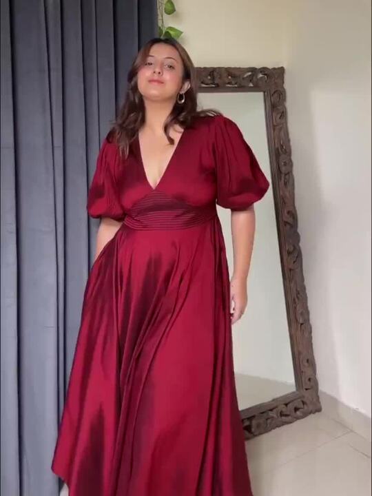 anayna Maroon Solid Balloon Sleeves Midi Dress