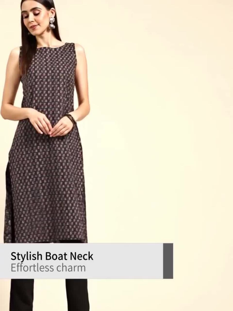 anayna Women Black & White Ethnic Motifs Printed Kantha Work Kurta