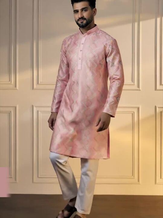Anouk Pink Chevron Embroidered Gotta Patti Mandarin Collar Pure Cotton Straight Kurta
