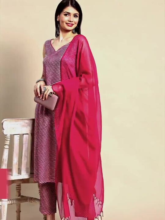 Women Pink & White Leheriya Printed Pure Cotton Kurta with Trousers & Dupatta
