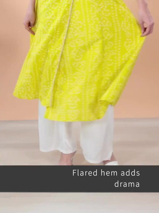 anayna Women Lime Green & Off White Bandhani Screen Print Cotton Angrakha Kurta
