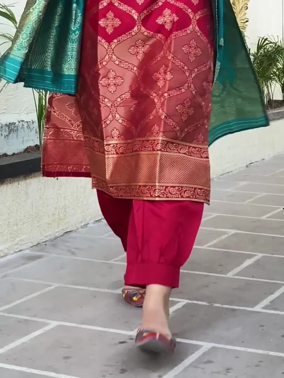 Sangria Maroon Ethnic Motifs Woven Design Regular Thread Work Kurta & Salwar With Dupatta