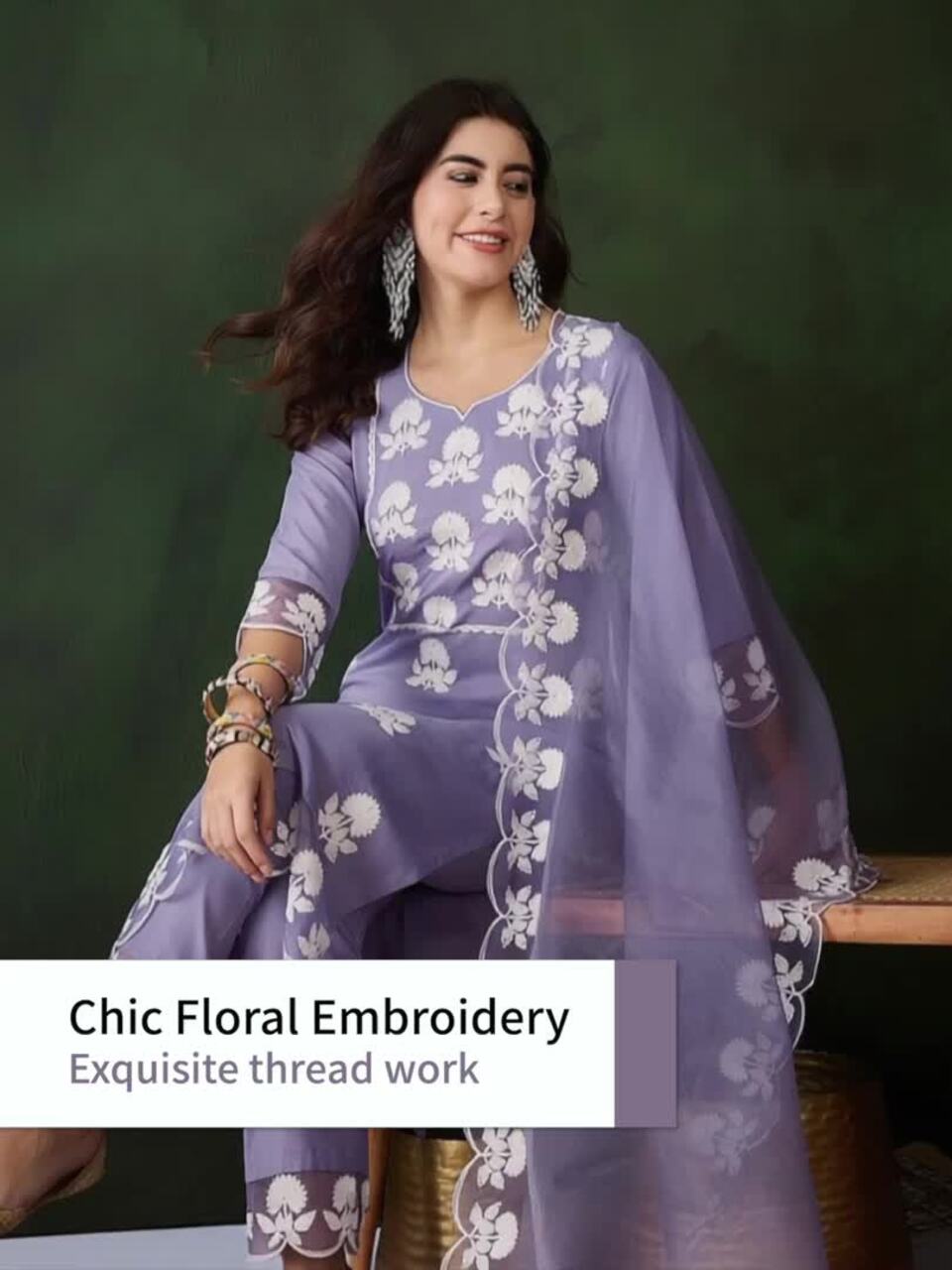 Sangria Embroidered Thread Work Notch Neck Straight Kurta & Trousers With Dupatta