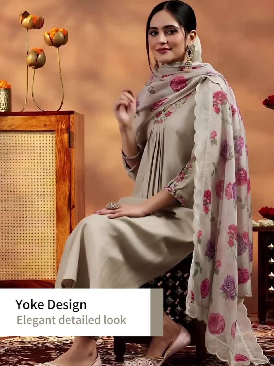 Libas Floral Yoke Design V-Neck Thread Work A-Line Kurta With Trousers And Dupatta