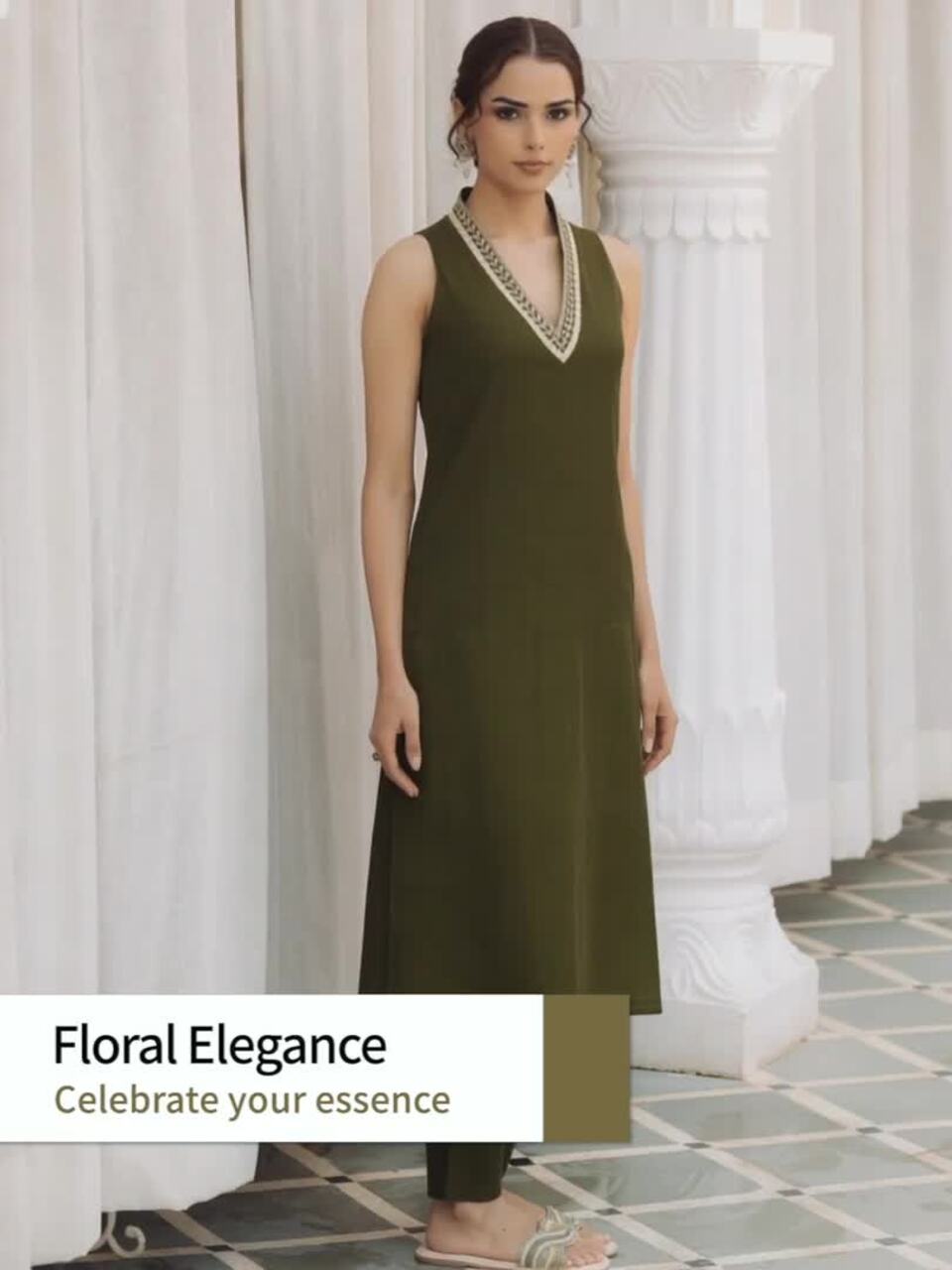 anayna Floral Embroidered V-Neck Sequinned Straight Kurta With Trousers