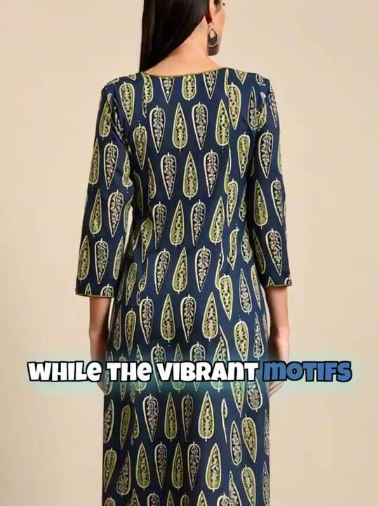 Women Navy Blue & Green Ethnic Motifs Printed Cotton Kurta