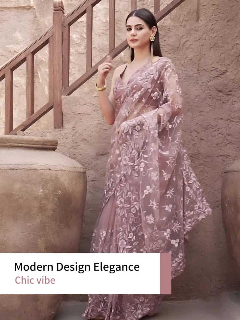 Tikhi Imli Floral Embroidered Net Saree With Scalloped Border