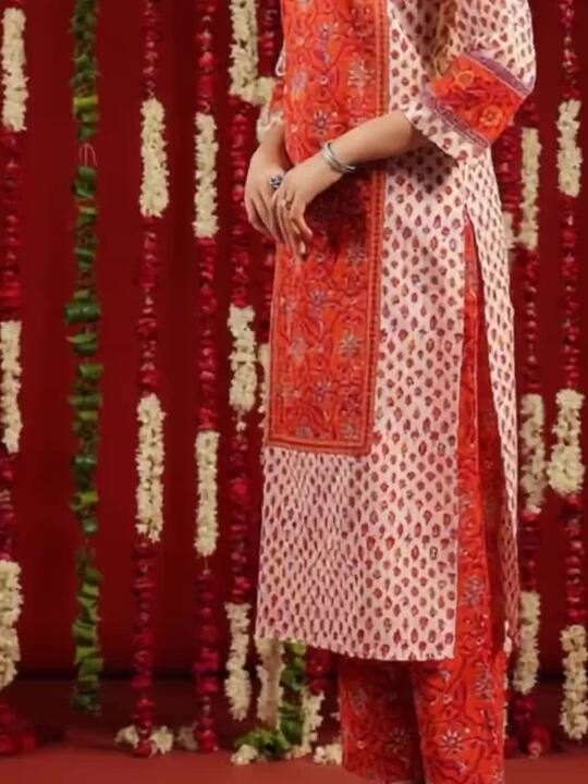 anayna Floral Printed Mandarin Collar Straight Pure Cotton Kurta With Trousers