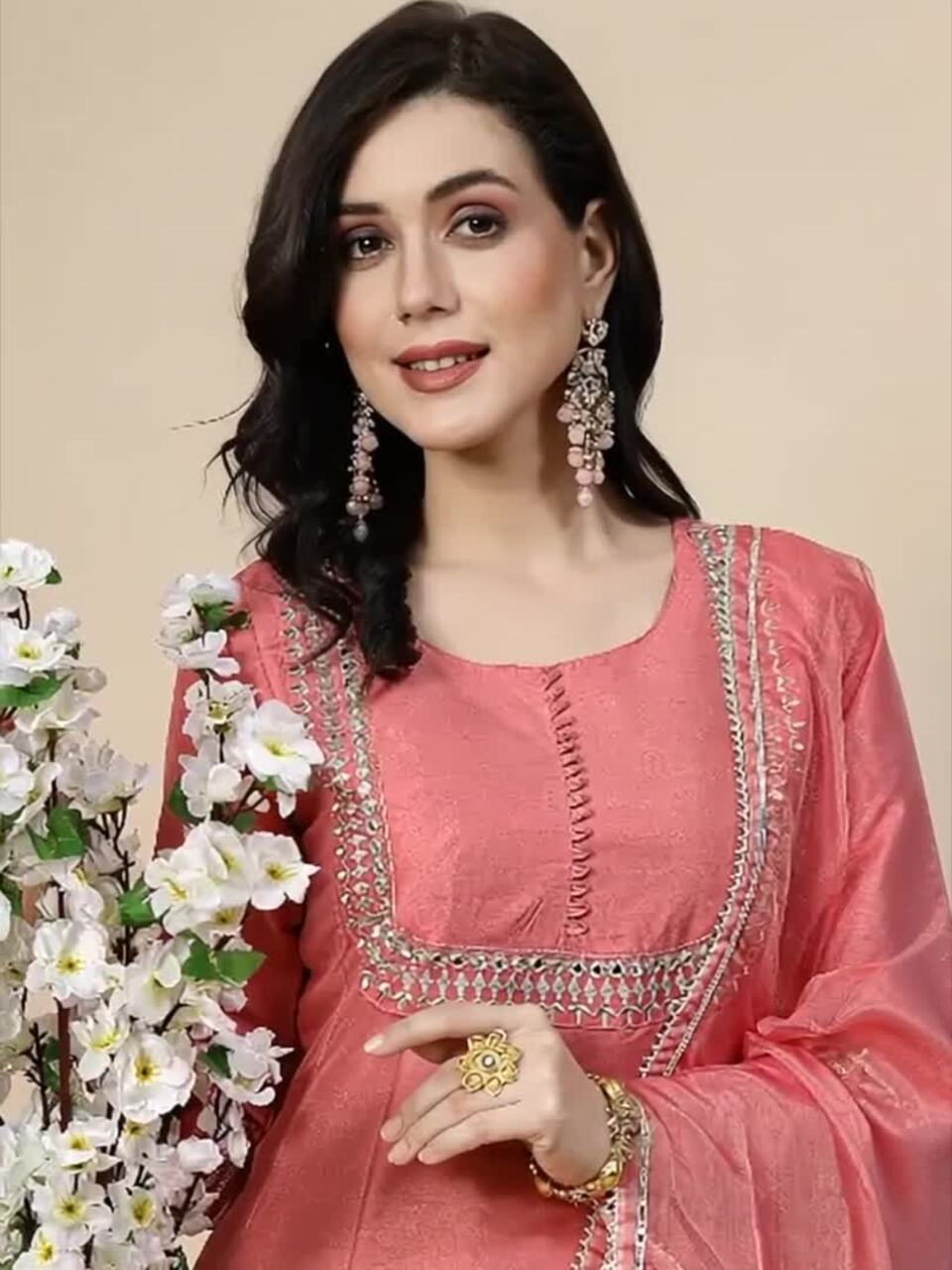 Sangria Peach-Coloured Mirror Work Embroidered Anarkali Kurta & Trousers With Dupatta