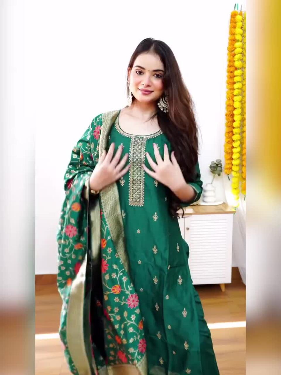 Floral Embroidered Thread Work Kurta With Trousers & Dupatta