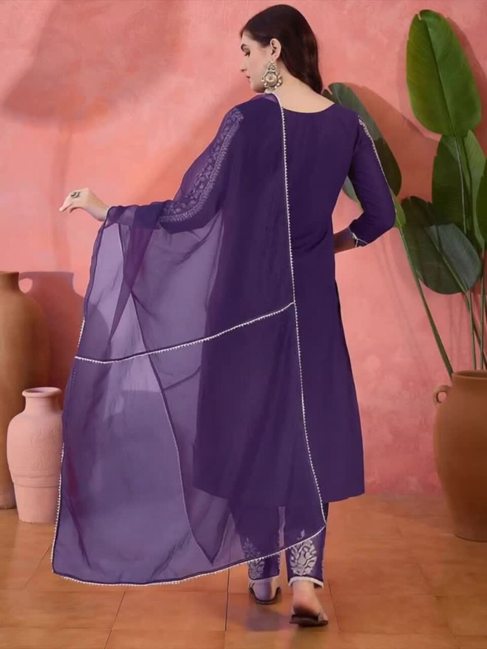 Sangria Zari Sequence Embroidered Straight Kurta & Trousers With Dupatta