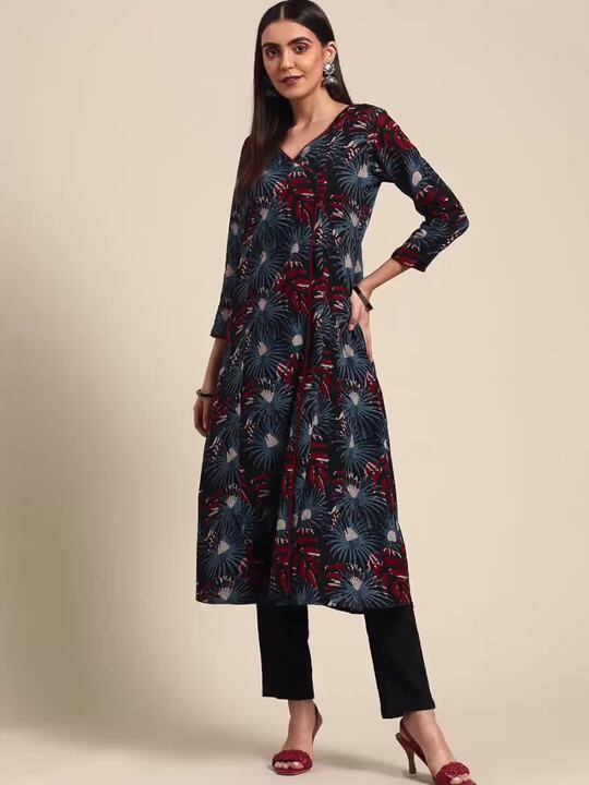 anayna Women Black & Red Pure Cotton Ethnic Motifs Printed Angrakha Kurta