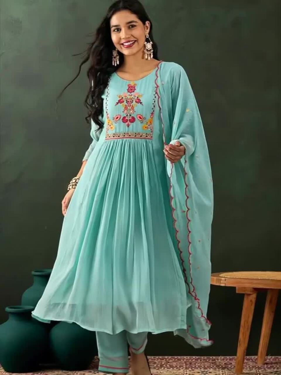Sangria Blue Floral Embroidered Zari Sequince Anarkali Kurta With Trousers And Dupatta