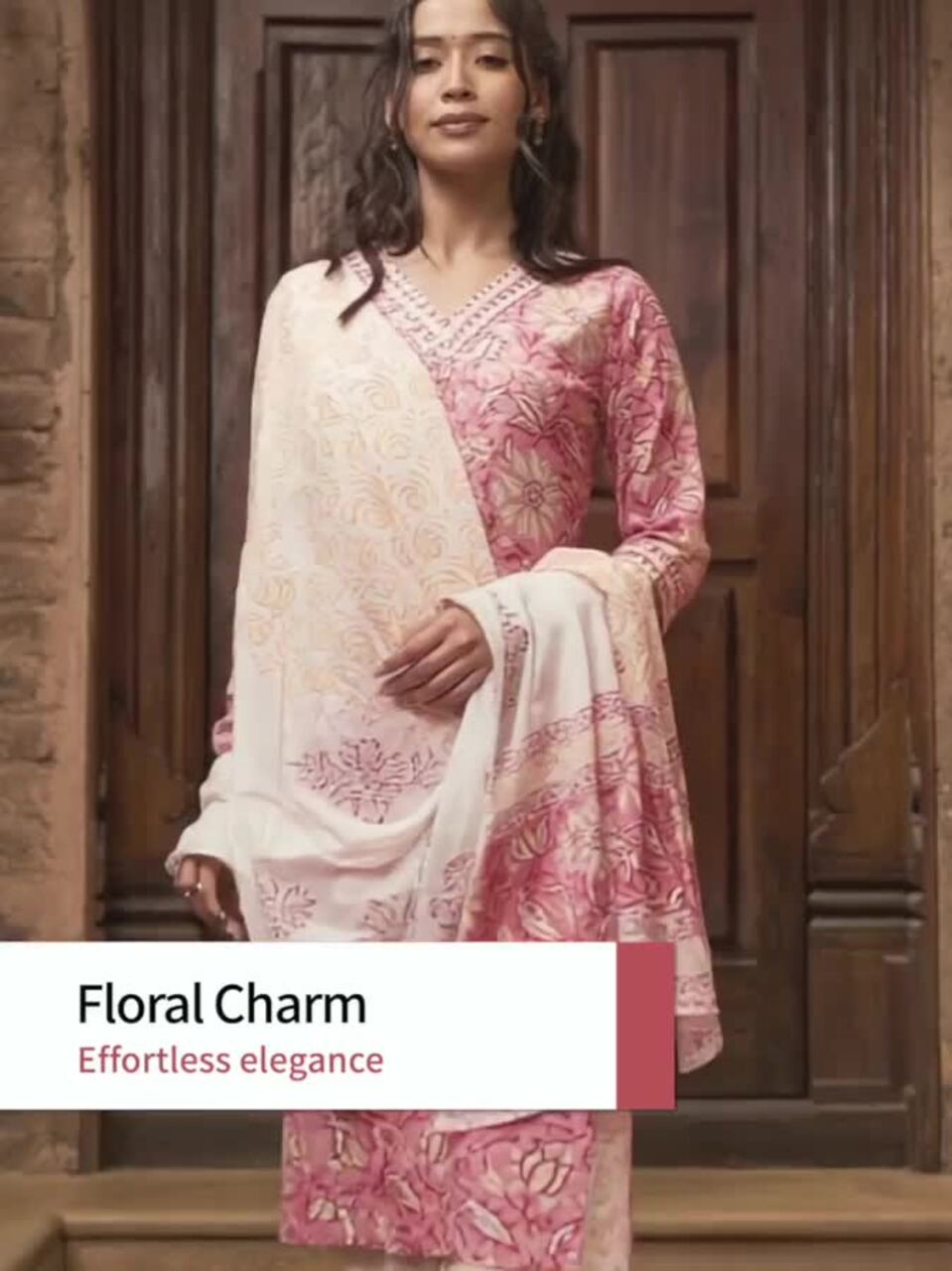 Libas V Neck Floral Printed Gotta Patti Pure Cotton Straight Kurta with Palazzo & Dupatta