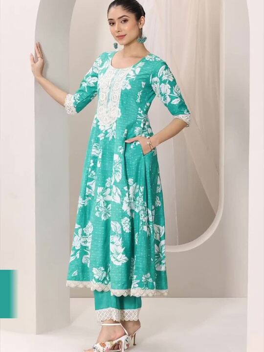 Libas Womens Blue Printed Anarkali Kurta With Trousers & Dupatta