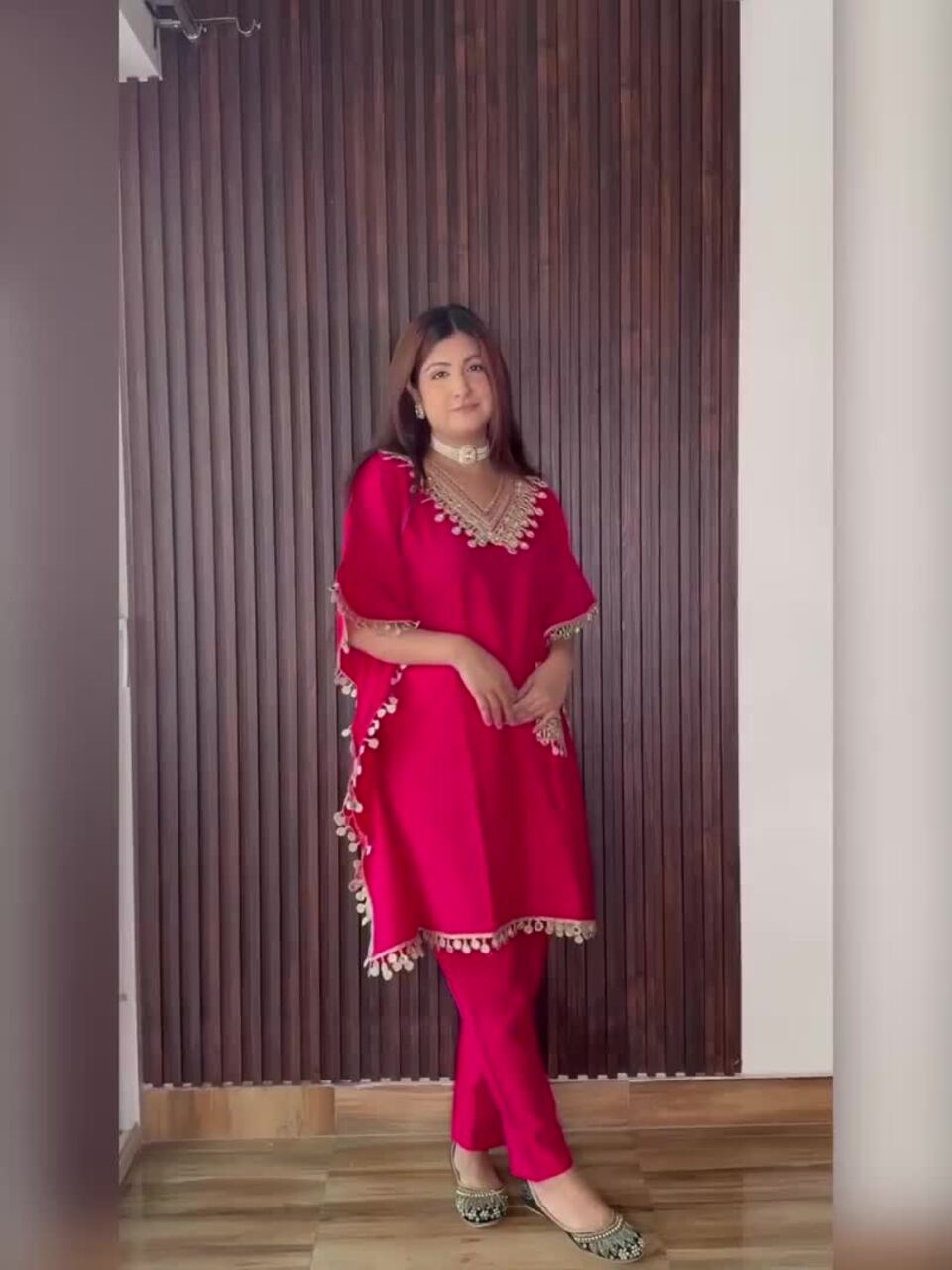 Sangria Embroidered V-Neck Mirror work Kaftan With Trousers