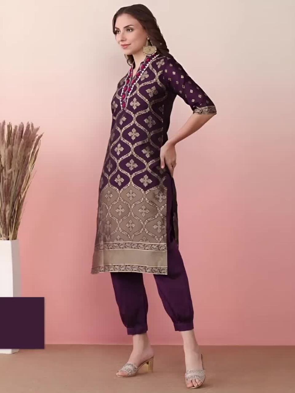 Sangria Woven Design Embroidered Banarasi Straight Kurta With Salwar & Dupatta