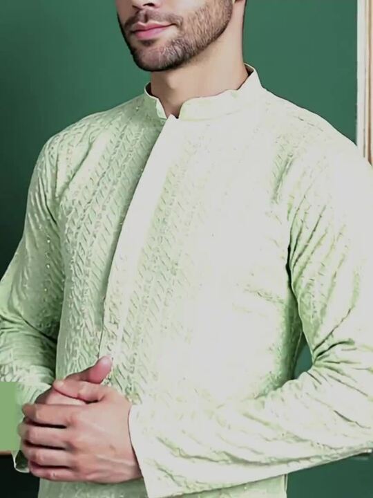 Checked Mandarin Collar Long Sleeves Thread Work Kurta