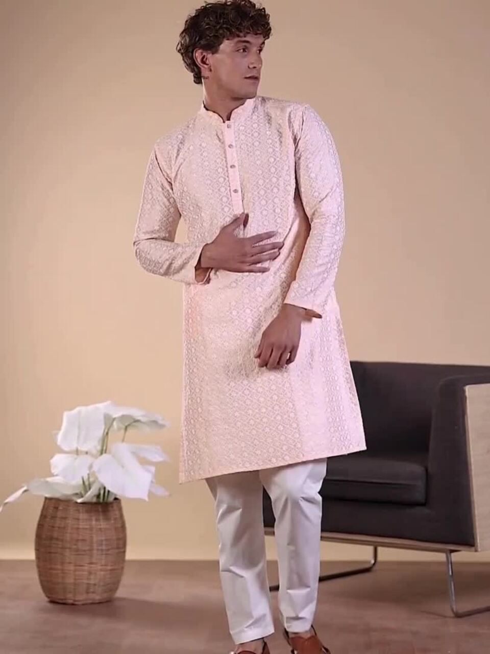 Anouk Pink Ethnic Motifs Embroidered Mandarin Collar Cotton Straight Kurta