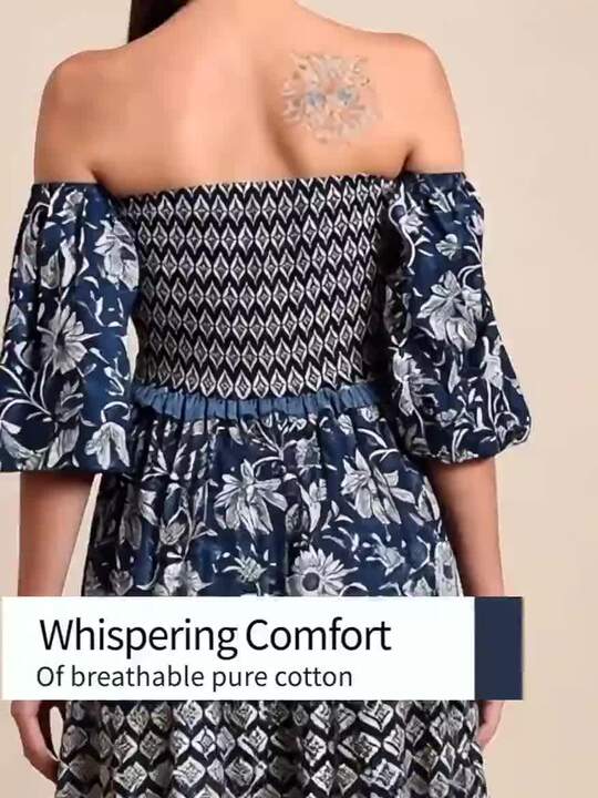 anayna Blue Floral Ethnic A-Line Cotton Midi Ethnic Dress