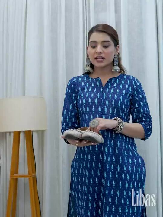 Libas Women Blue Printed Pure Cotton Kurta with Palazzos & Dupatta