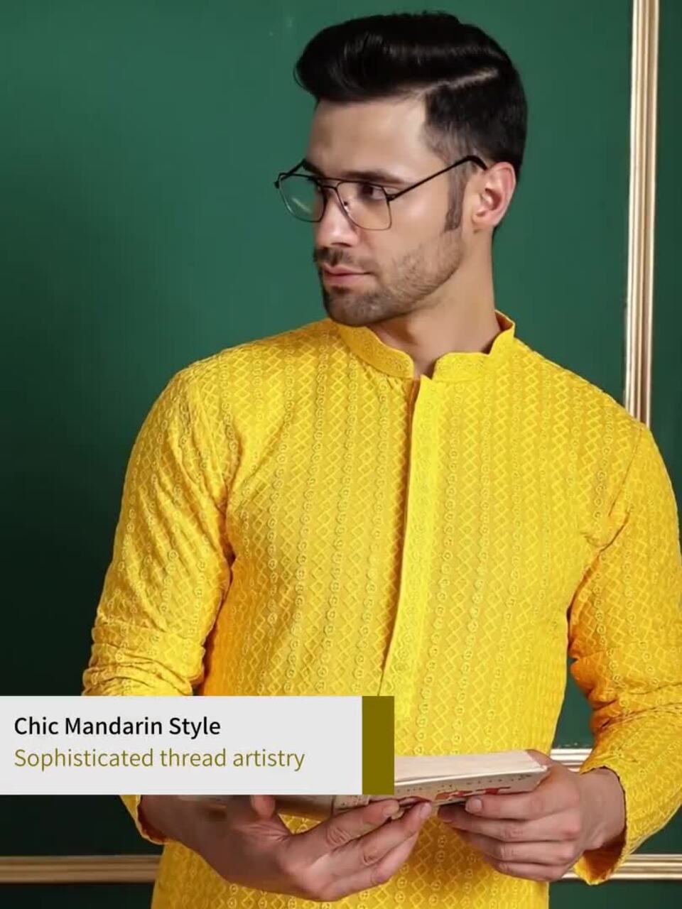 Yellow Ethnic Motifs Embroidered Mandarin Collar Straight Kurta