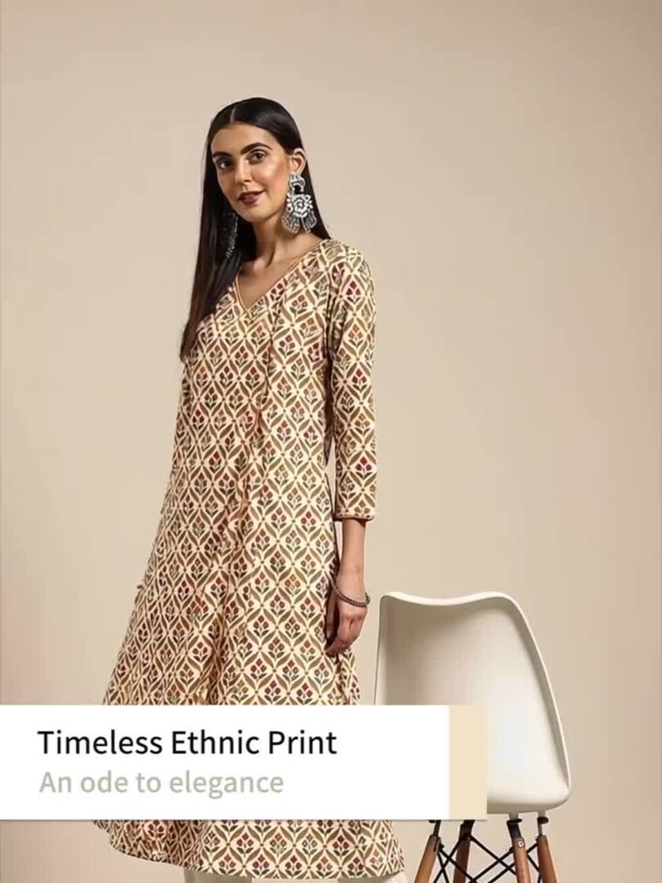 anayna Women White & Beige Pure Cotton Ethnic Motifs Printed Angrakha Kurta