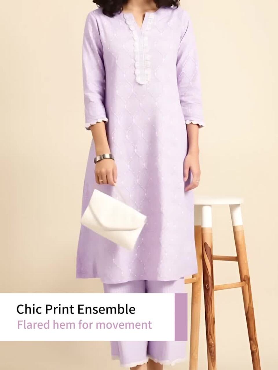 anayna Women Lavender & White Printed Kurta with Palazzos