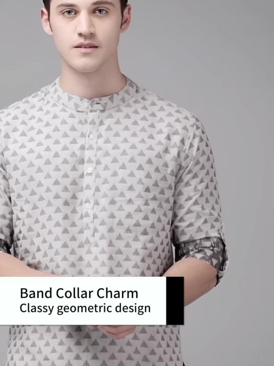 Anouk Men Grey & Black Woven Design Straight Short Kurta