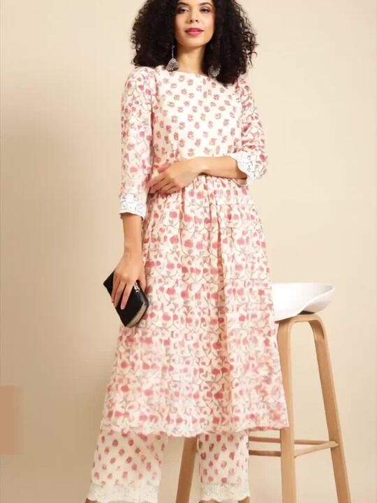 Women White & Pink Printed Kurta with Trousers